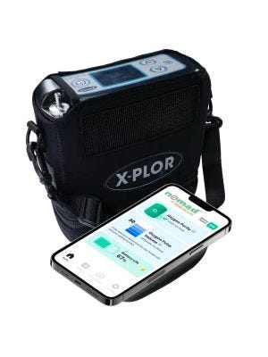 Belluscura X-PLOR® Portable Oxygen Concentrator with carrier and phone with the nomad app open