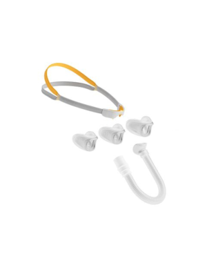 F&P Solo nasal mask fit pack with exploded view of frame, headgear, and cushions