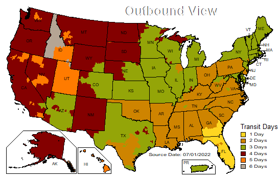 Map of estimated shipping times for each of the United States. Please call 1-844-766-8335 for more information.